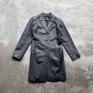 Vintage Metrostyle Leather Coat Womens 6 Black Button Front Mid Length Overcoat